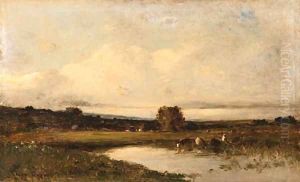 Cows and peasants by a river by Jules Dupre