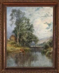 Cattle At A Riverbank - A Study For The Larger Work "the Mill Lock" by Pollok Sinclair Nisbet