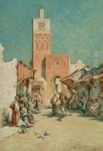 "a Street In Tunis", With Figures And Camel, Signed