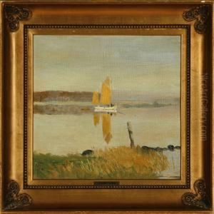 Inlet Scenery With A Sailing Boat On Calm Water by Thorvald Simeon Niss