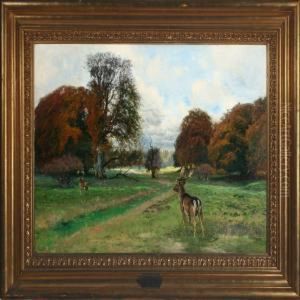 Scenery With Two Deers At Fall In Dyrehaven by Thorvald Simeon Niss