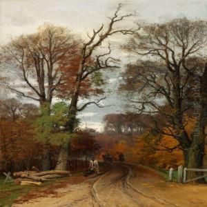 Autumn Day In The Woods With Riders And A Forest Worker
