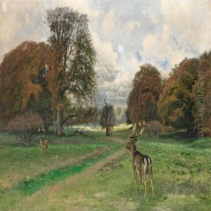 Scenery With Two Deersat The Fall In Dyrehaven by Thorvald Simeon Niss