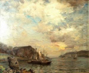Shipping In An Estuary At Sunset