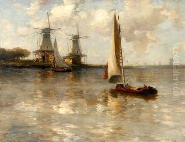 Rsa 'a Dutch Waterway' Oil On Canvas, 71x91.5cm, Signed - view 1