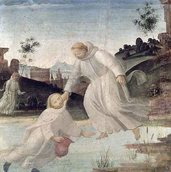 Scenes from the Life of St. Benedict- Maurus, on the instruction of St. Benedict, pulls Placidus from the lake, c.1488 - view 1