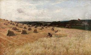 Harvesting, Possibly Dirleton Castle Behind by James Campbell Noble
