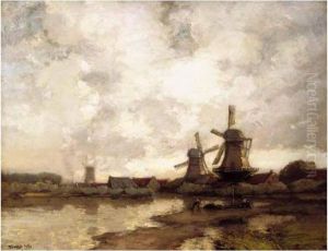 A Dutch Village With Windmills by James Campbell Noble