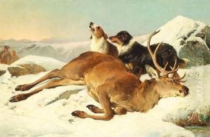 An Extensive Scottish Winter
Landscape With A Dead Stag, Two Hounds And Figures Approaching by John Sargent Noble