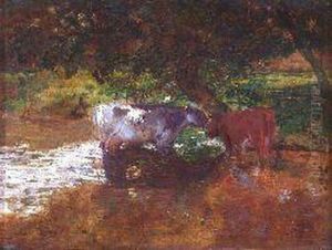 Cattle Watering In A Shady Stream by Robert Noble