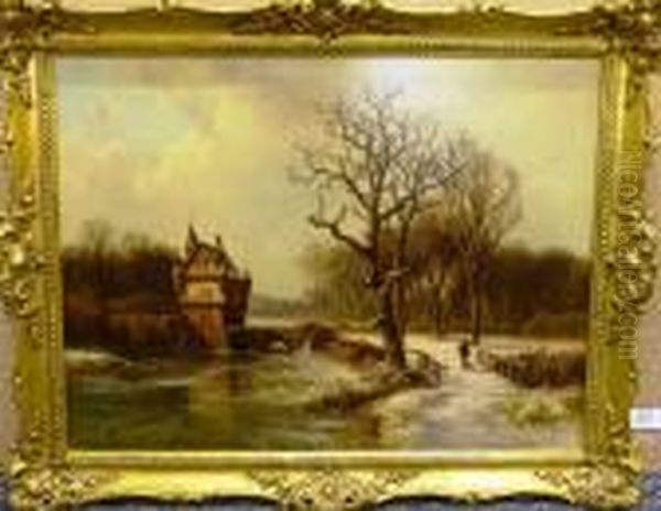 Sportsman And His Dog On A Footbridge In A Winter Landscape - view 1