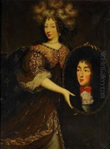 Formodligen Portrattet Av La Grande Demoiselle Med Ett Portratt Av Louis Xiv by Jean Nocret I