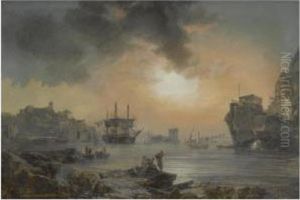 A Harbour Scene With Figures Cavorting In The Foreground And Shipsdocking Beyond A Harbour Scene With Figures Cavorting In The Foreground And Shipsdocking Beyond