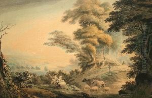 Figures In River Landscape With 
Cattle Watering; Watercolour,signed And Dated 1797, 20x30cm: Together 
With One Furtherwatercolour Depicting Pilgrims On A Rural Track By The 
Same Hand