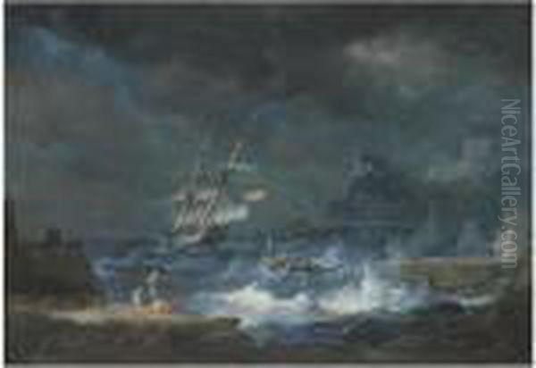 A Coastal Scene With Ships Weathering A Storm - view 1