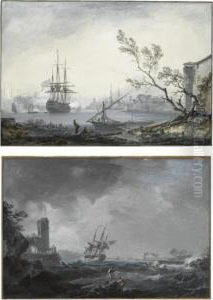 A Pair Of Marine Landscapes:
Shipping In Stormy Waters And A Three-masted Ship Firing Near A Harbour - view 1