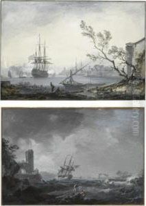 A Pair Of Marine Landscapes:
Shipping In Stormy Waters And A Three-masted Ship Firing Near A Harbour by Noel, Alexandre Jean
