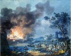 Scene De Cavalerie Avec L'incendie D'une Ville Assiegee