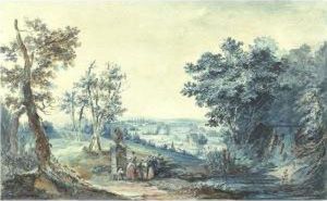 Extensive Landscape With Figures Admiring An Antique Vase