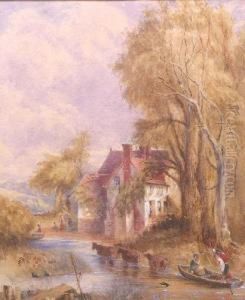 Figures In A Punt With Cattle In A Wooded River Landscape