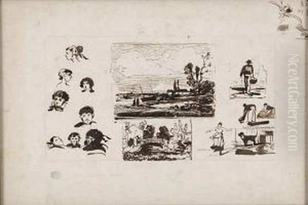 Deux Paysages Et Etudes De Personnages - view 1