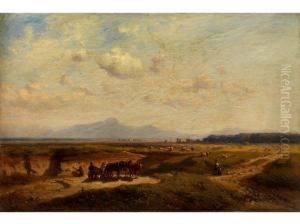 Weite Sommerlandschaft Mit Alpen-gebirgszug In Diesigem Licht by Julius Noerr