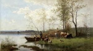 Heuernte Am Ufer Eines
 Vorgebirgssees.