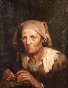 An Old Lady, Bust-length, In A Brown Dress With A Brown Headscarf, Holding A Rosary