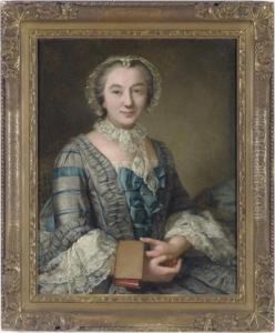 Portrait Of A Lady, Seated 
Three-quarter-length, In A Grey And Blue Dress And A Lace Bonnet, 
Holding A Book