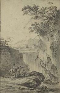 Travelers Resting Near A Waterfall by Jean-Pierre Norblin De La Gourdaine
