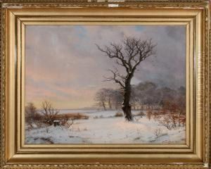 Winter Scene With An Old Crooked Tree In The Foreground