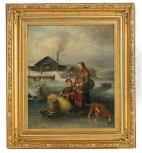 Vinterlandskap Med Mor Och Barn Vid Stuga by Bengt Nordenberg