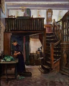 Interieur Mit Gemuse Putzender Frau by Henrik Nordenberg