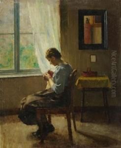Hakelnde Frau Am Fenster by Henrik Nordenberg