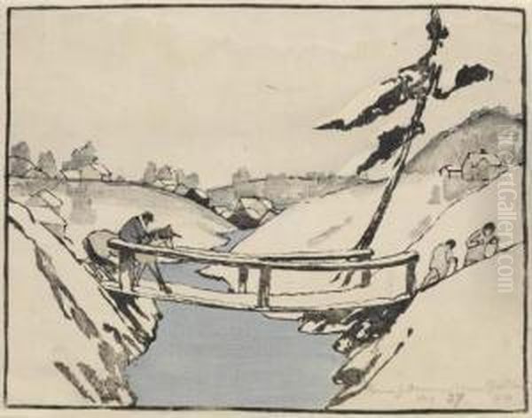 Three Travelers Crossing A Bridge In The Snow - view 1