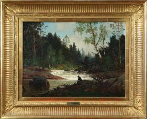 Forslandskap Med Fiskare, Signerad A. Nordgren by Axel Wilhelm Nordgren