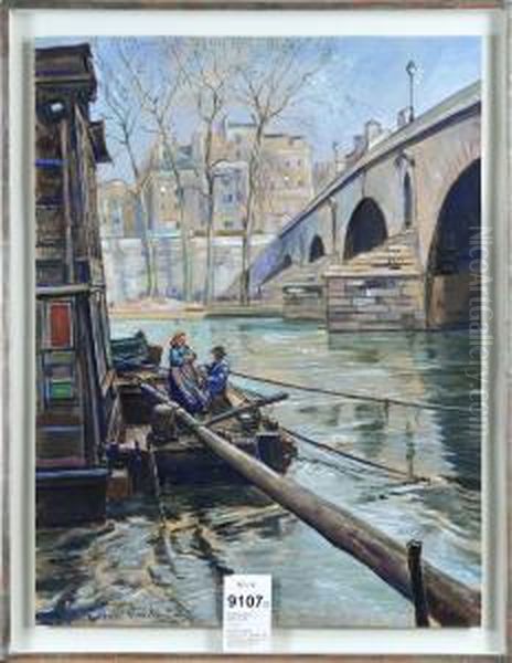 Kanalmotiv Med Figurer, Signerad
 Och Daterad Bertil R:son Noren Paris -32, Gouache, 75x56 - view 1