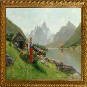 A Norwegian Landscape With A Girl Overlooking The Inlet by Emma Pastor Normann