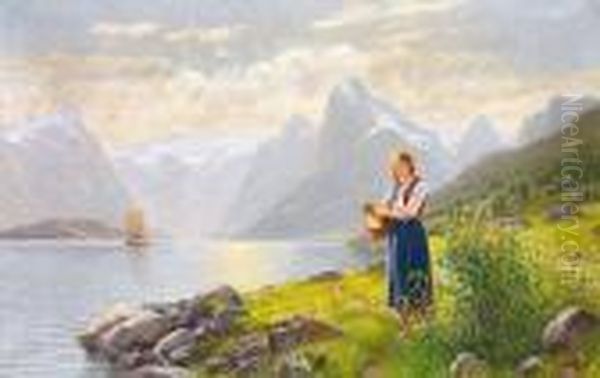 Sonnige Fjordlandschaft; Am Ufer Junge Sennerin - view 1