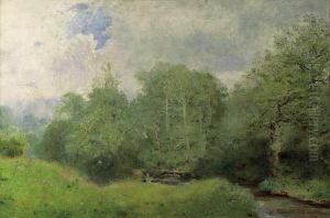 A Wooded River Valley With Bathers By A Fallen Tree
