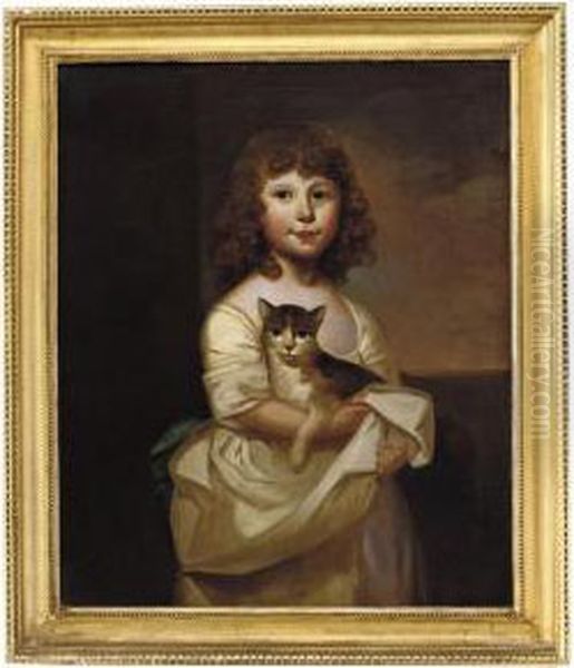 Portrait Of A Young Girl,
Standing Three-quarter-length, In A Whitegown, Holding A Cat, A
Landscape Beyond - view 1