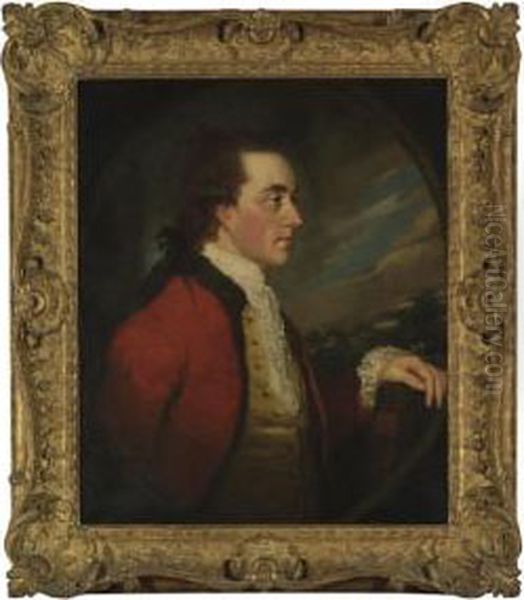 Portrait Of Admiral Charles
Hamilton, Half-length, In A Red Coat With Fur Trim, Holding A Book By
Milton, A Landscape Beyond, In A Feigned Oval - view 1