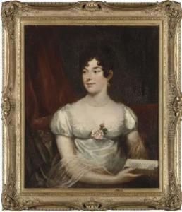 Portrait Of A Lady, Half-length, In A White Dress Holding A Book, Before A Red Curtain by James Northcote