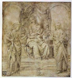 Virgin and Child with SS John the Baptist and Sebastian Study for the Dresden Altarpiece by Lorenzo Di Credi