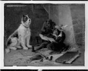 Singe Dessinant Un Chien Huile Sur Panneau, Signee En Bas A Gauche. 20,5 X 27,5 Cm