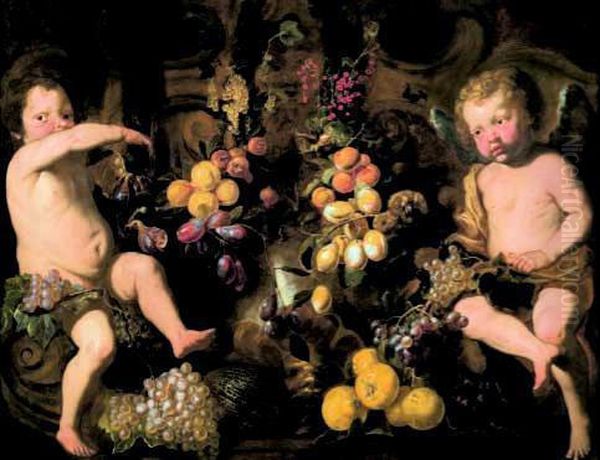 Natura Morta Di Uva, Castagne, Albicocche Con Putti E Tralci Fogliacei Con Fiori - view 1