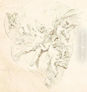 Three Putti Supported By Clouds by Pietro Novelli