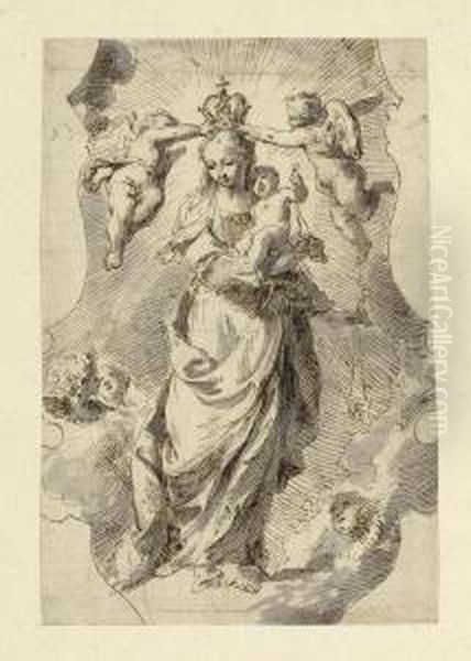 Mary As Queen Of Heaven Crowned
By Putti. Brown Pen And Brush In Grey. Verso Old Inscription In Brown
Pen: Novelli. - view 1