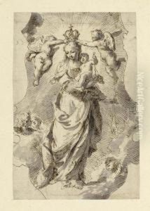 Mary As Queen Of Heaven Crowned 
By Putti. Brown Pen And Brush In Grey. Verso Old Inscription In Brown 
Pen: Novelli.