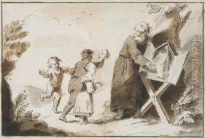 A Landscape With A Cleric Showing Three Children An Ex Voto Of Thevirgin And Child by Pietro Antonio Novelli